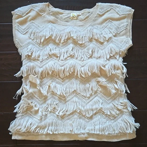 Anthropologie Little Yellow Bird Short-Sleeve Yarn Fringe Sweater Cream EUC - M - Picture 10 of 10